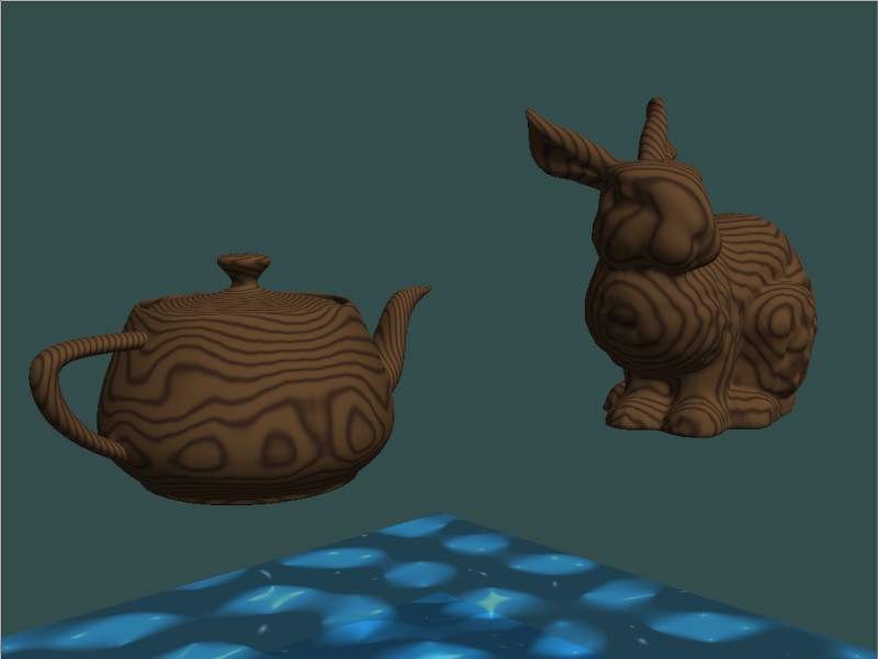 Screengrab of perlin noise applied to a teapot and bunny model.